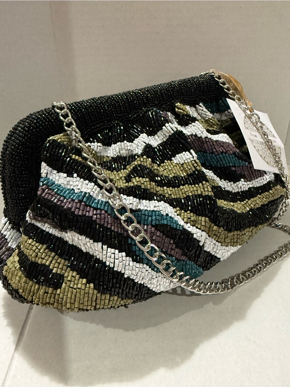 New RARE Zebra Fully Beaded Bold Colors Stripe Clutch Purse Clasp Unique - Picture 2 of 8